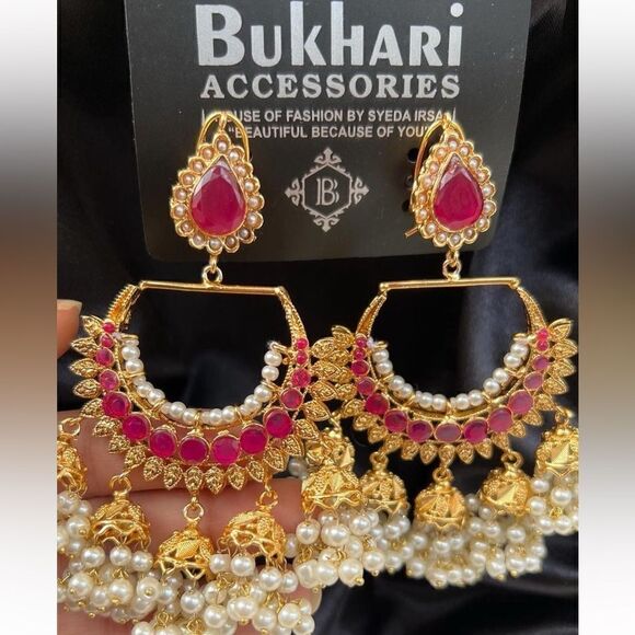BUKHARI JEWELRY HEERAMANDI PAKISTANI BRIDAL JHUMKI LARGE EARRINGS - Picture 5 of 7